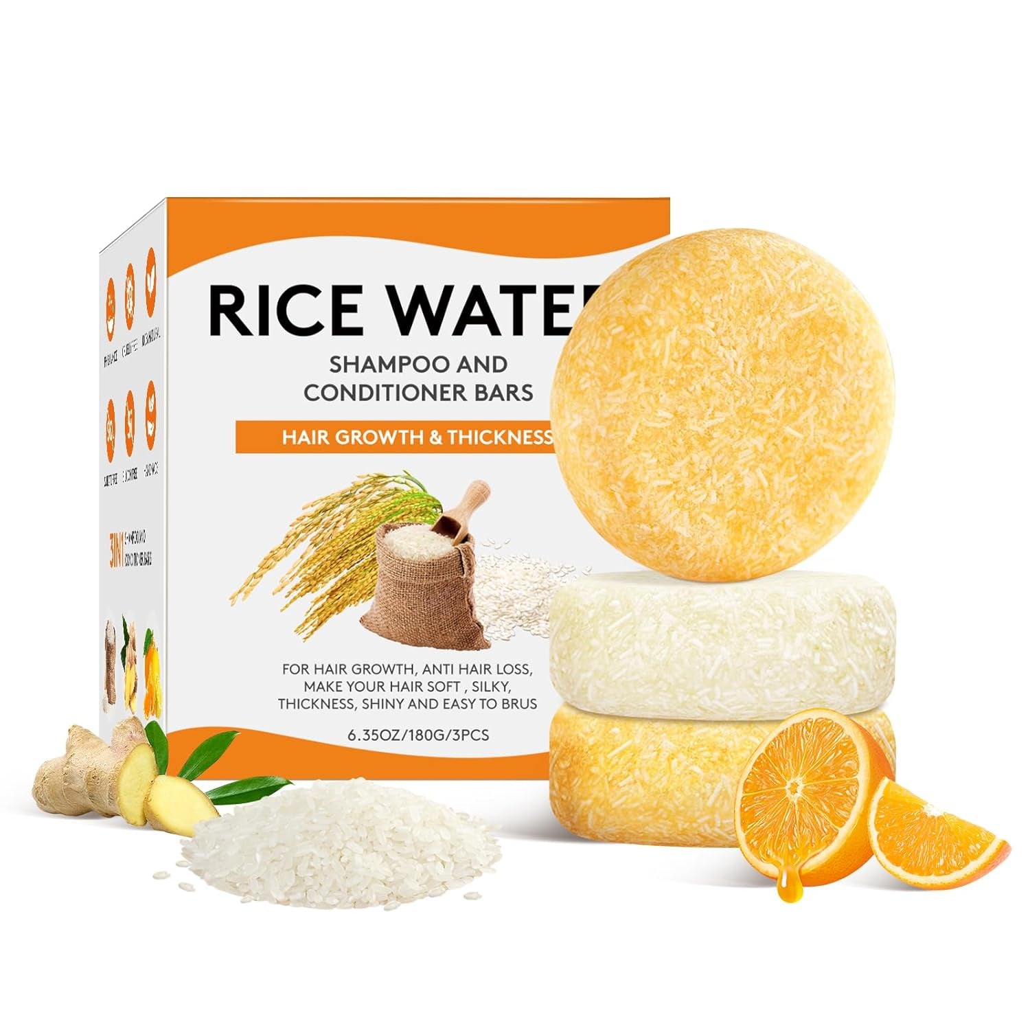 Rice Water Shampoo Bars and Conditioner Set for Hair Regrowth, Nature Organic Ginger Rice Water Shampoo Bar, Orange Solid Soap Hair Strengthening Conditioner, anti Hair Loss, PH Balanced