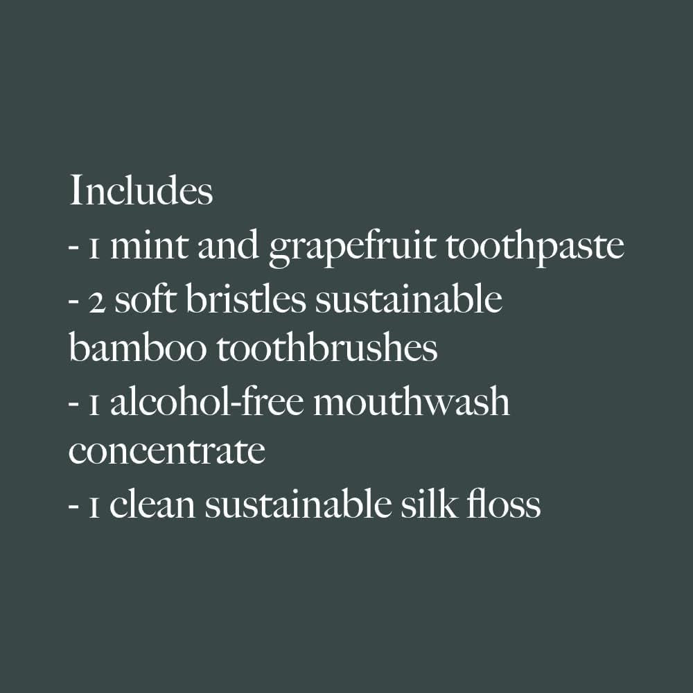 Oral Care Package: 1 X Fluoride-Free Toothpaste, 1 X Alcohol-Free Concentrated Mouthwash, 2 X Bamboo Toothbrushes, 1 X 100% Biodegradable Floss, 1 X Travel Toiletry Pouch
