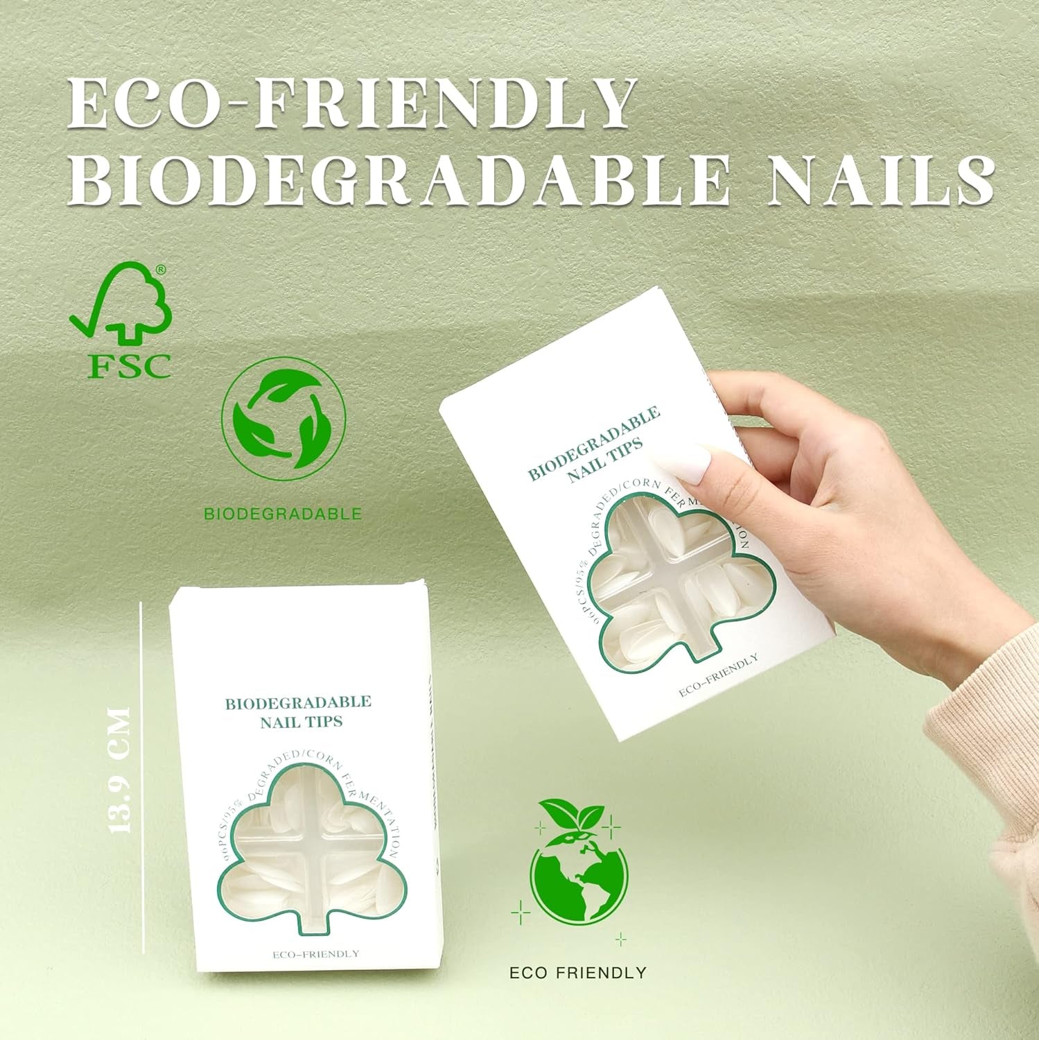 96Pcs Biodegradable Nail Tips Short Almond Eco-Friendly False Nails Recycled Box Corn Fermentation Artificial Natual Stiletto Tips