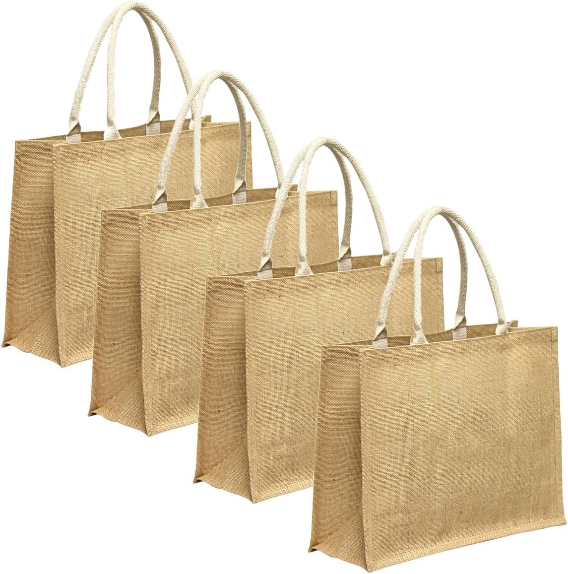 Terra Jute Burlap Tote with Rope Handles, Great for Grocery Shopping, Beah, Leisure, or Travel, Eco Friendly & Reusable (Set of 4)