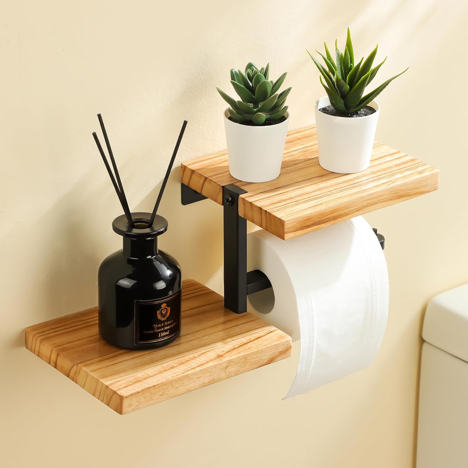 Wood Toilet Paper Holder with Wall Shelf, Farmhouse Bathroom Accessories & Organizer, Wall Mount Toilet Paper Holder Storage, Rustic Toilet Tissue Holder for Bathroom with Double Tier