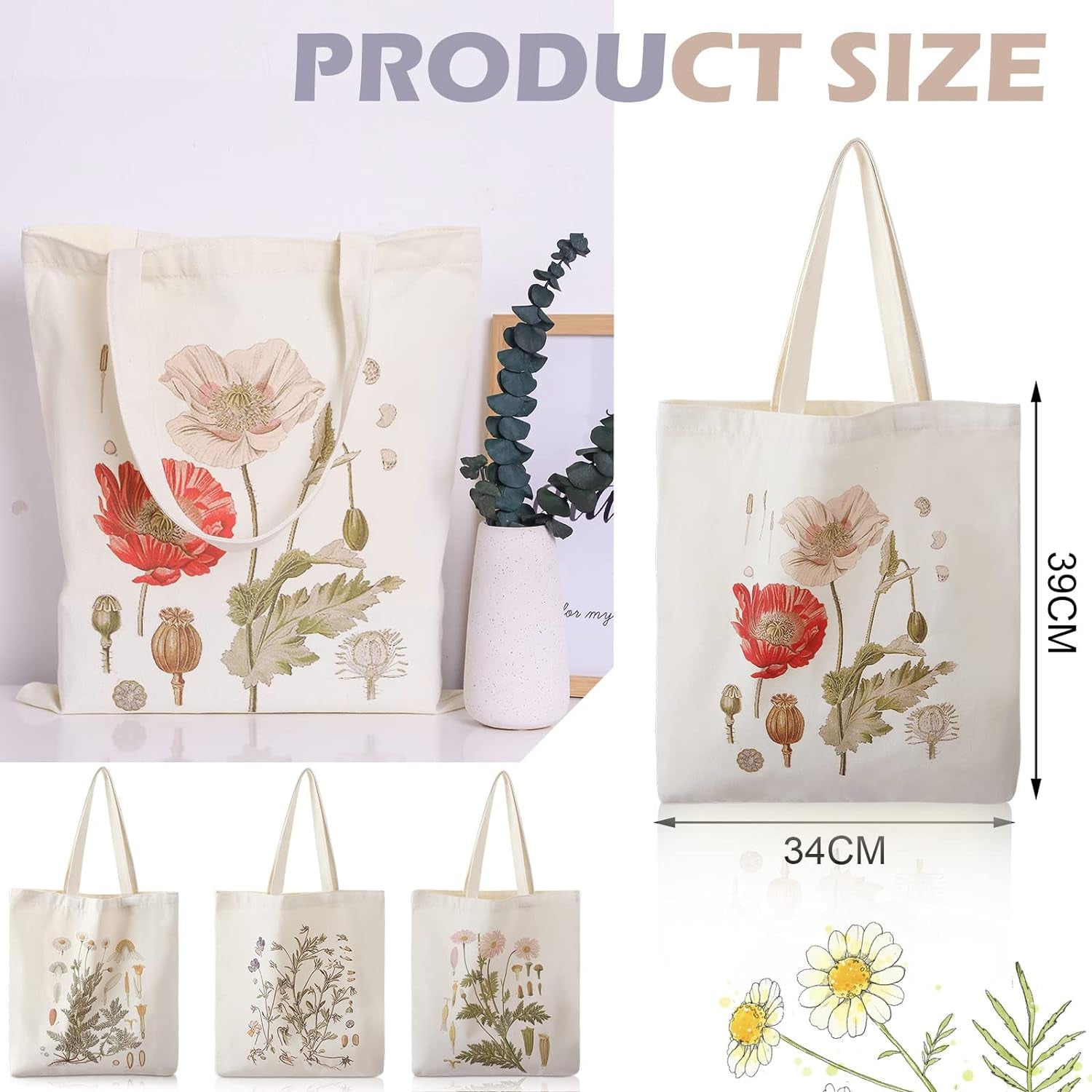 Floral Canvas Tote Bag 4 Pieces Botanical Shopping Bag Aesthetic Flower Tote Grocery Bag for Women Girl Shopping