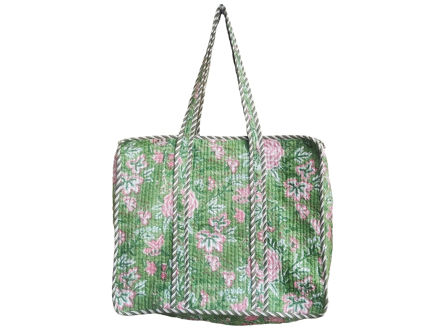 Quilted Tote Bag, Cotton Large Shopping Bag, Multicolor Floral Tote Bag, Eco Friendly Sustainable Sturdy Grocery Bag, Shopping Bag, Reversible Large Tote Bag (Green Rose)