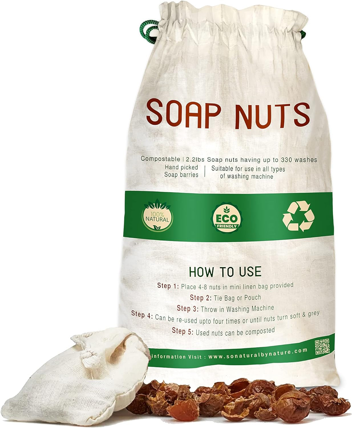 Organic Soap Nuts Deseeded 1Kg/2.2Lbs (330 Loads) with 1 Wash Bag, Eco-Friendly Soap Nuts Laundry Detergent Highly Effective, Non-Toxic, Chemical & Fragrance-Free Organic Soap Berries