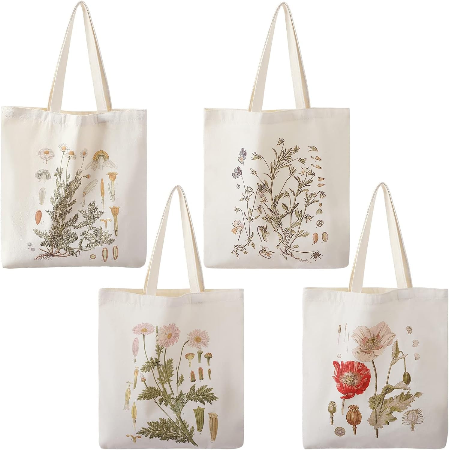 Floral Canvas Tote Bag 4 Pieces Botanical Shopping Bag Aesthetic Flower Tote Grocery Bag for Women Girl Shopping