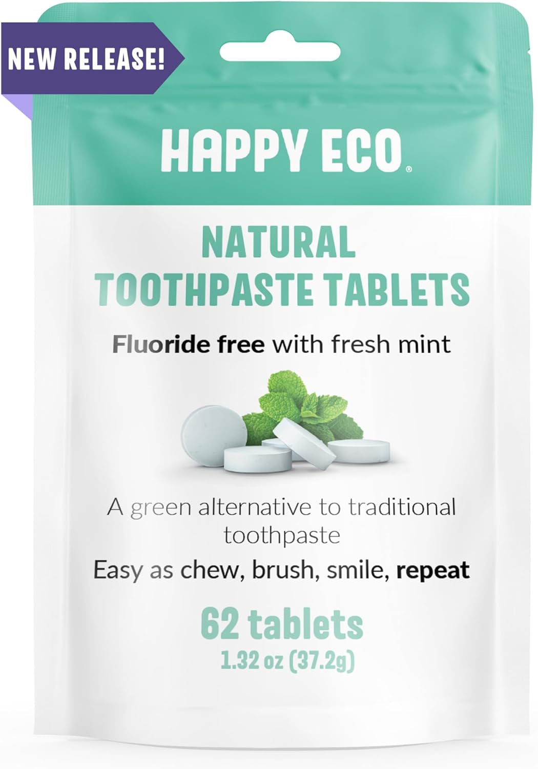 Chewable Toothpaste Tablets (62Pcs) - Eco Friendly Toothpaste -Fluoride Free Toothpaste Tabs - All Natural, SLS Free Ingredients for Adults - Mint Travel Sized Oral Care
