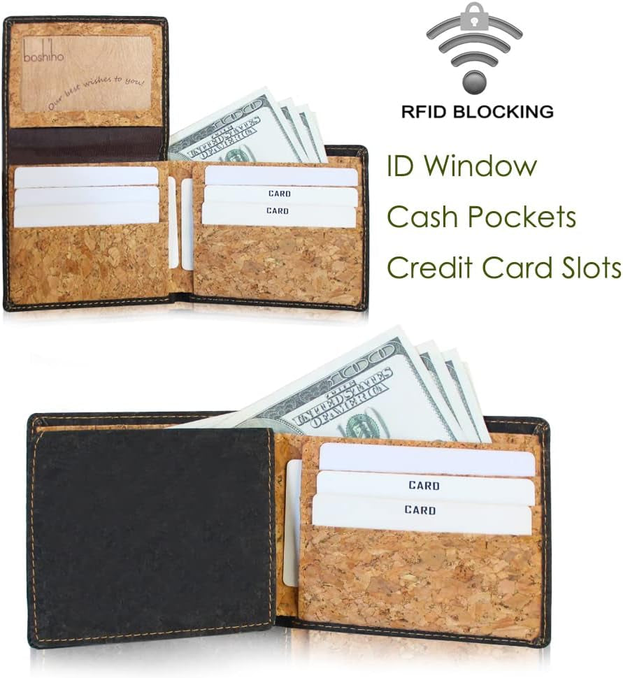 RFID Blocking Cork Wallet, Slim Bifold Vegan Credit Card Holder Purse Eco Friendly Gift for Men and Women (Black A)