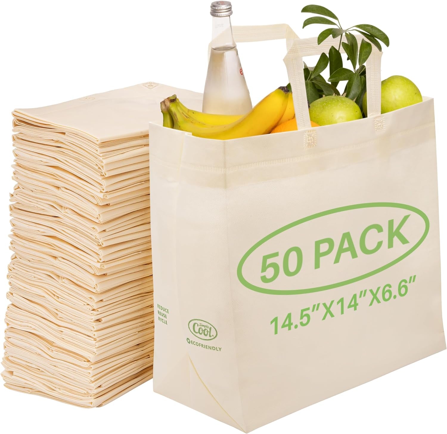 Reusable Grocery Bags Eco-Friendly - Large Reusable Shopping Bags, Heavy Duty Grocery Bags, 14.5"X14"X6.6" Foldable, Tote Bags Bulk (50 Pack, Cream)