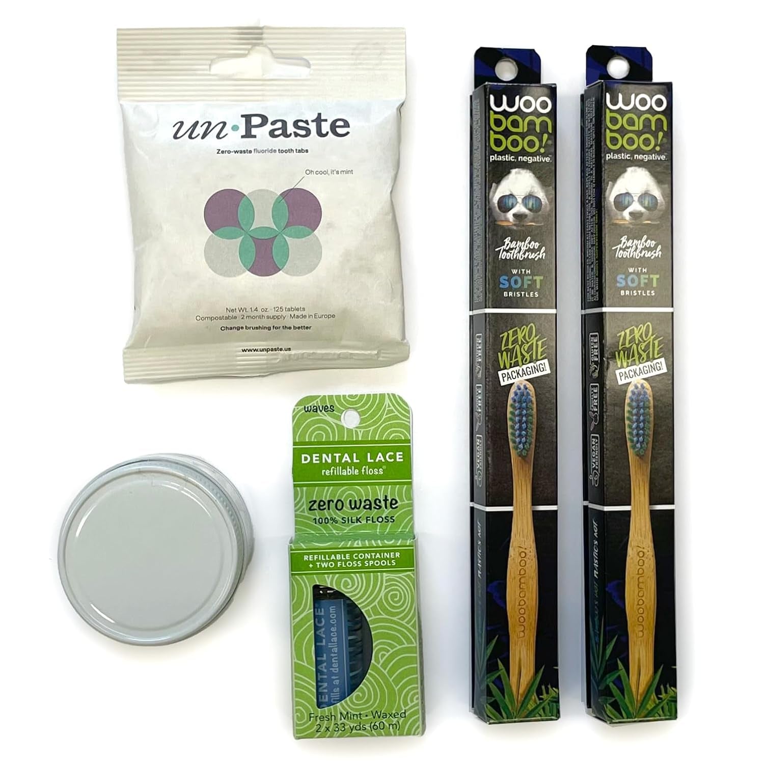 Oral Care Set | Unpaste Toothpaste Tabs with Reusable Glass Jar (Fluoride) | Two Bamboo Toothbrushes | Dental Lace Natural Dental Floss | Sustainable Dental Care Kit